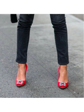 Manolo Blahnik Hangisi Red Heels with Embellishment 7.5